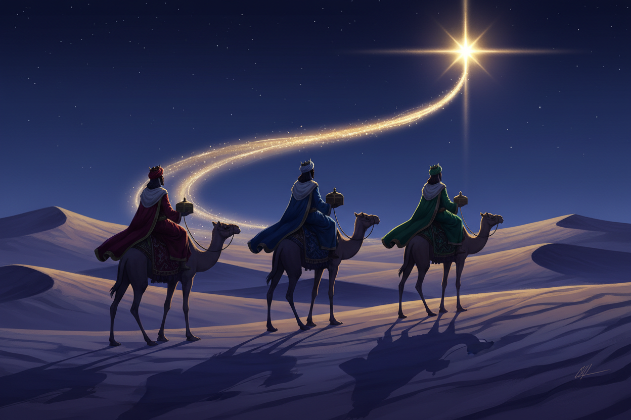 quiero una imagen de los tres reyes magos montados en sus dromedarios en el desierto y siguiendo ls estrella de Belén, la cual deje una estela en el firmamento. Ten en cuenta que uno de ellos, Baltasar, es de piel negra 